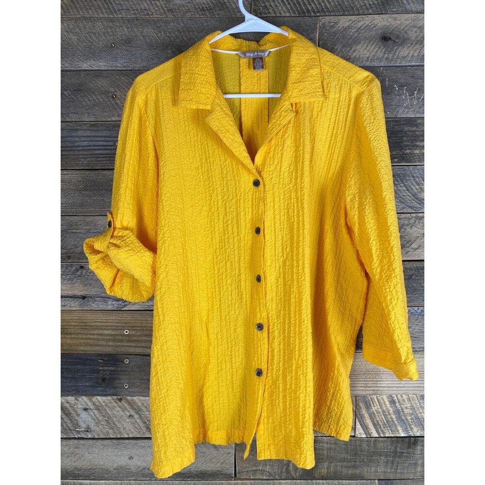 White Stag Women's Sz L Yellow Button Down Roll Tab Sleeve Crepe Fabric Top